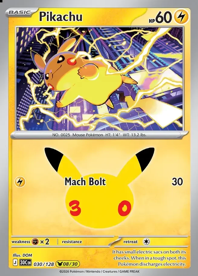 Pikachu 08/30 30th Celebration Pok&eacute;mon TCG 030/128