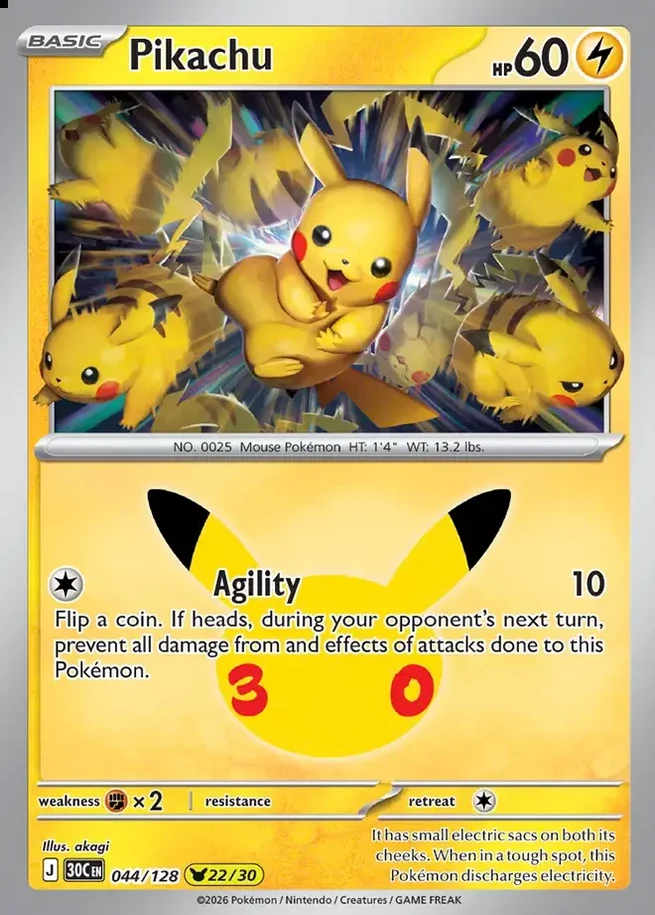 Pikachu 22/30 30th Celebration Pok&eacute;mon TCG 044/128