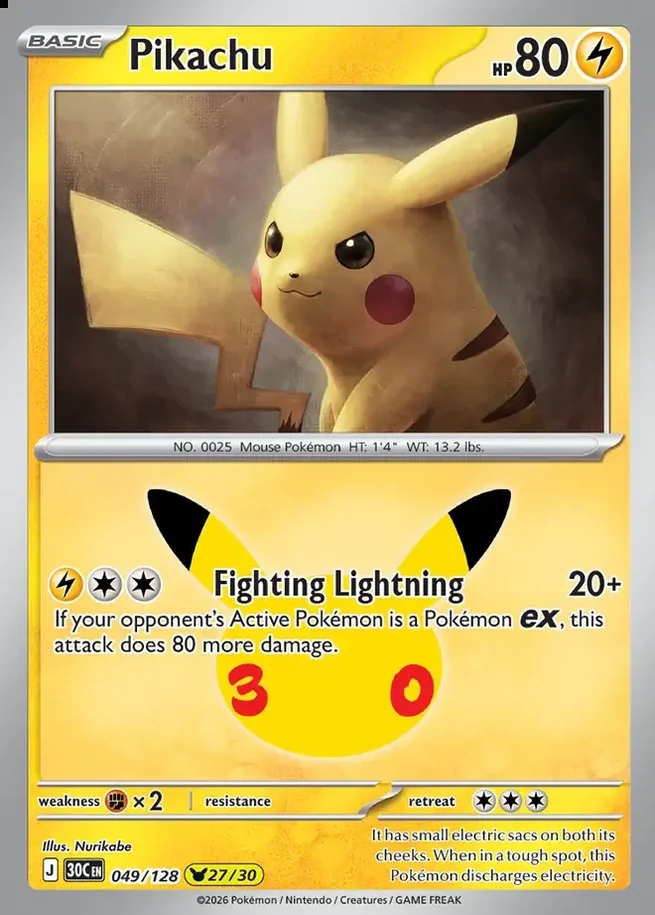 Pikachu 27/30 30th Celebration Pok&eacute;mon TCG 049/128