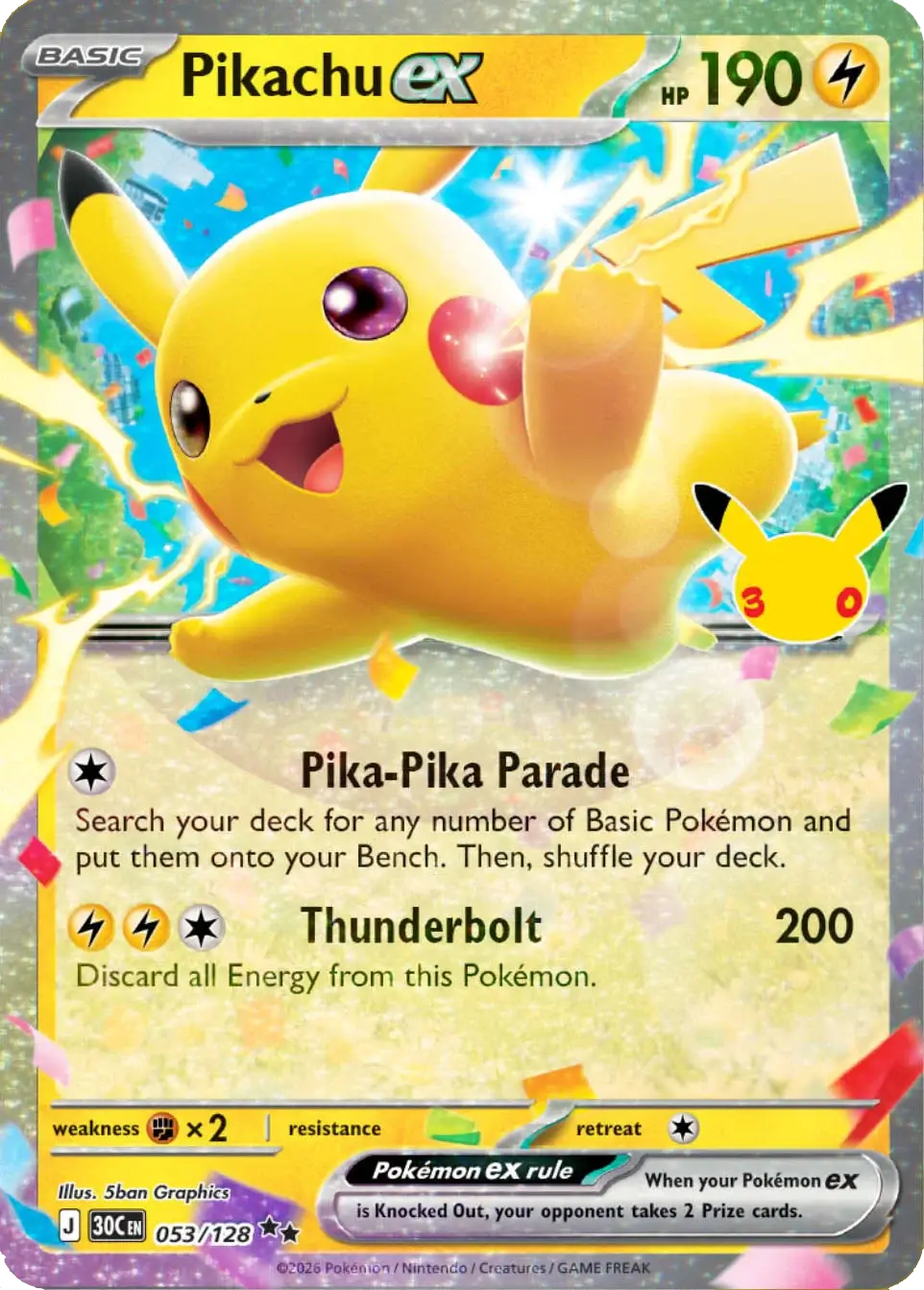 Pikachu ex day variant 30th Celebration Pok&eacute;mon TCG 053/128