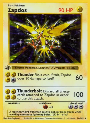 Zapdos 016/102 Holo Rare, Base Set Pokémon TCG card