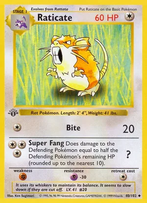 Raticate 040/102 Uncommon, Base Set Pokémon TCG card