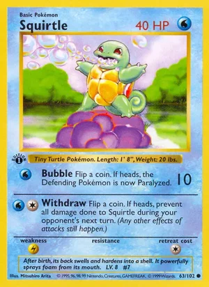 Squirtle 063/102 Common, Base Set Pokémon TCG card