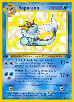 Vaporeon (28) 028/064 Rare, Jungle Pokémon TCG card