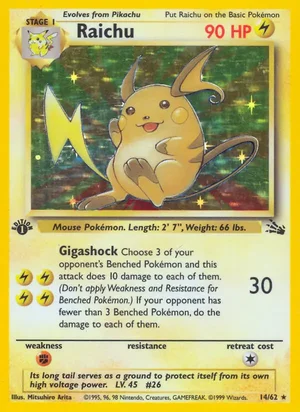 Raichu (14) 014/062 Holo Rare, Fossil Pokémon TCG card