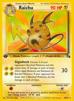 Raichu (29) 029/062 Rare, Fossil Pokémon TCG card