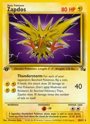 Zapdos (30) 030/062 Rare, Fossil Pokémon TCG card