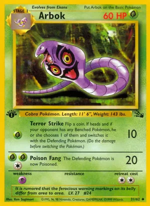 Arbok 031/062 Uncommon, Fossil Pokémon TCG card