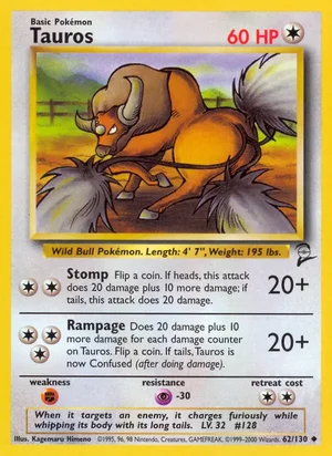 Tauros 062/130 Uncommon, Base Set 2 Pokémon TCG card
