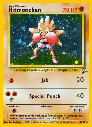 Hitmonchan 008/130 Holo Rare, Base Set 2 Pokémon TCG card