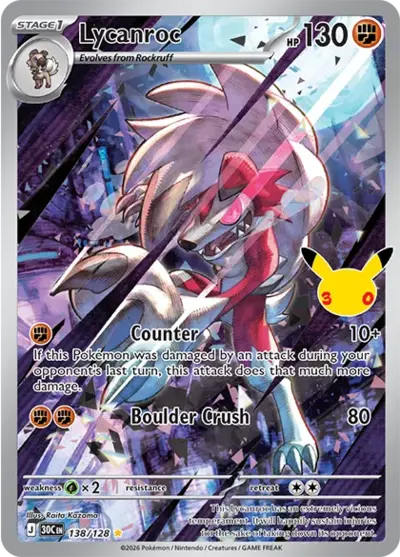 Lycanroc 30th Celebration Pok&eacute;mon TCG Secret Rare 138