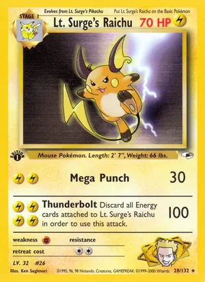 Lt. Surge's Raichu 028/132 Rare, Gym Heroes Pokémon TCG card