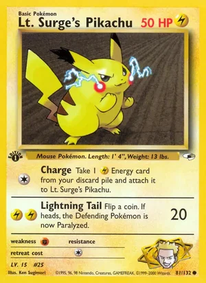 Lt. Surge's Pikachu 081/132 Common, Gym Heroes Pokémon TCG card