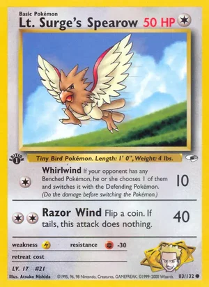 Lt. Surge's Spearow (83) 083/132 Common, Gym Heroes Pokémon TCG card