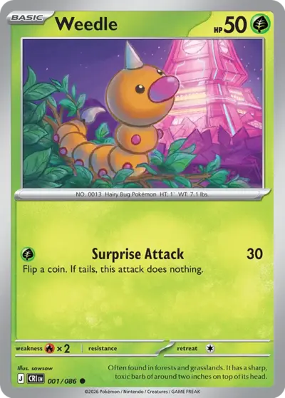 Weedle 001/086 Common, Chaos Rising Pokémon TCG card