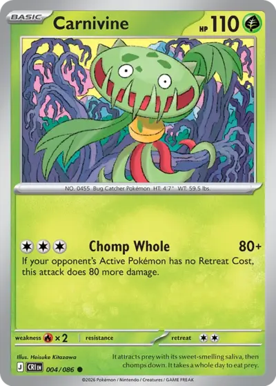 Carnivine 004/086 Common, Chaos Rising Pokémon TCG card