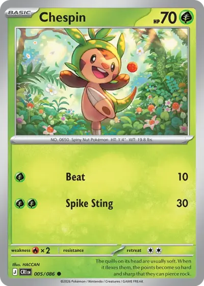 Chespin 005/086 Common, Chaos Rising Pokémon TCG card