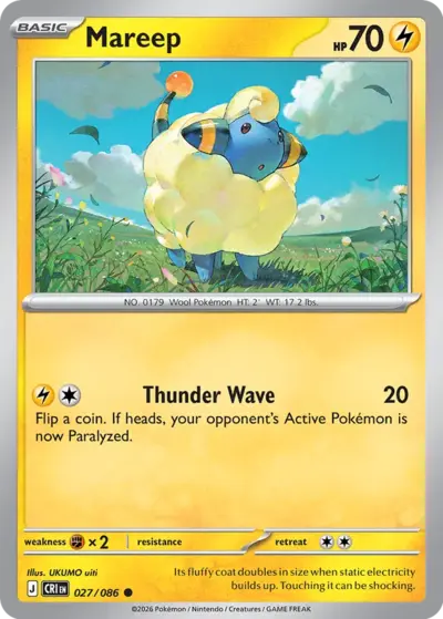 Mareep 027/086 Common, Chaos Rising Pokémon TCG card