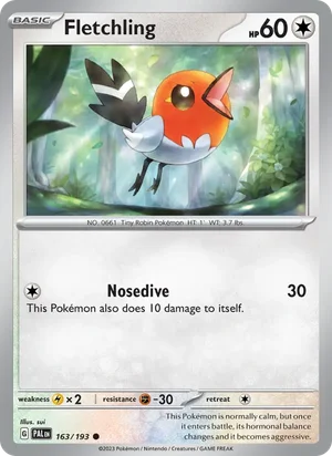 Fletchling 163/193 Common, Paldea Evolved Pokémon TCG card