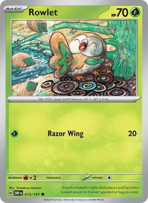 Rowlet 013/197 Common, Obsidian Flames Pokémon TCG card