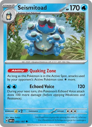 Seismitoad 052/197 Uncommon, Obsidian Flames Pokémon TCG card