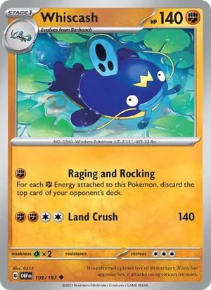 Whiscash 109/197 Uncommon, Obsidian Flames Pokémon TCG card