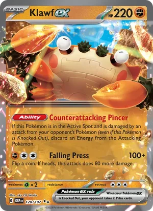 Klawf ex 120/197 Double Rare, Obsidian Flames Pokémon TCG card