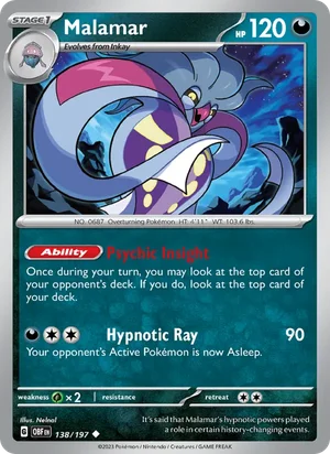 Malamar 138/197 Uncommon, Obsidian Flames Pokémon TCG card