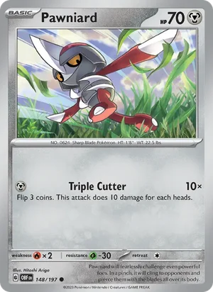 Pawniard 148/197 Common, Obsidian Flames Pokémon TCG card