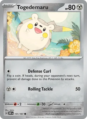Togedemaru 151/197 Common, Obsidian Flames Pokémon TCG card