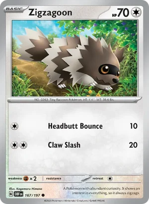 Zigzagoon 167/197 Common, Obsidian Flames Pokémon TCG card