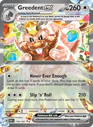 Greedent ex 179/197 Double Rare, Obsidian Flames Pokémon TCG card