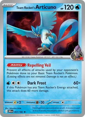 Team Rocket's Articuno 051/182 Rare, Destined Rivals Pokémon TCG card