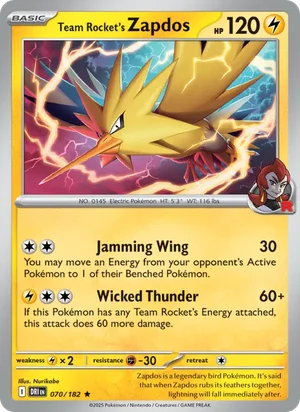Team Rocket's Zapdos 070/182 Rare, Destined Rivals Pokémon TCG card