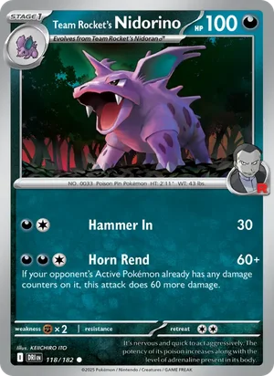 Team Rocket's Nidorino 118/182 Common, Destined Rivals Pokémon TCG card