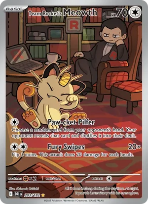 Team Rocket's Meowth 203/182 Illustration Rare, Destined Rivals Pokémon TCG card